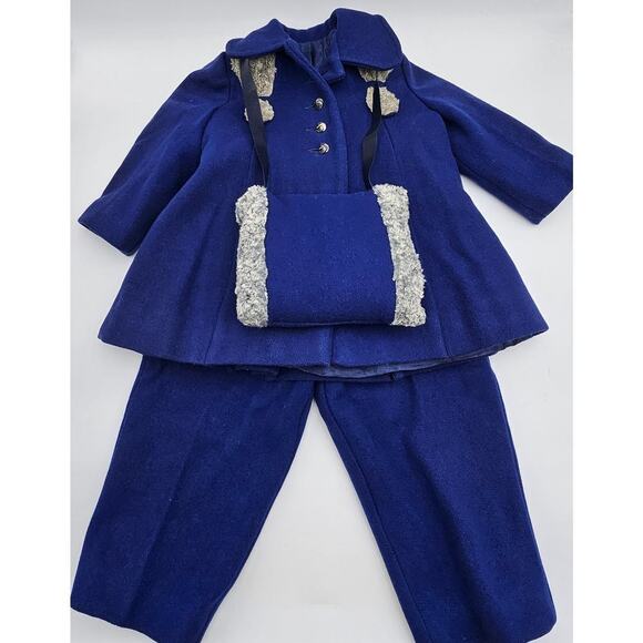 Vintage 50s/60s Girls 3T/4T Navy Blue Peacoat with Matching Pants & Hand Warmer